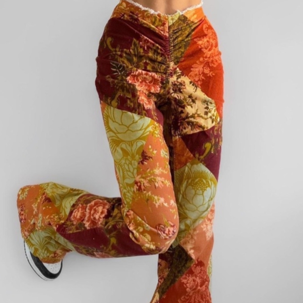 Velvet Floral Patchwork 60s 70s Vintage Aesthetic Bell Bottom Flare Pants Boho - Picture 3 of 15